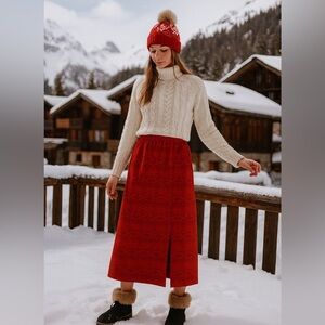 Handmade red chalet Apre ski folk jacquard Women's Skirt side slit inside lace m